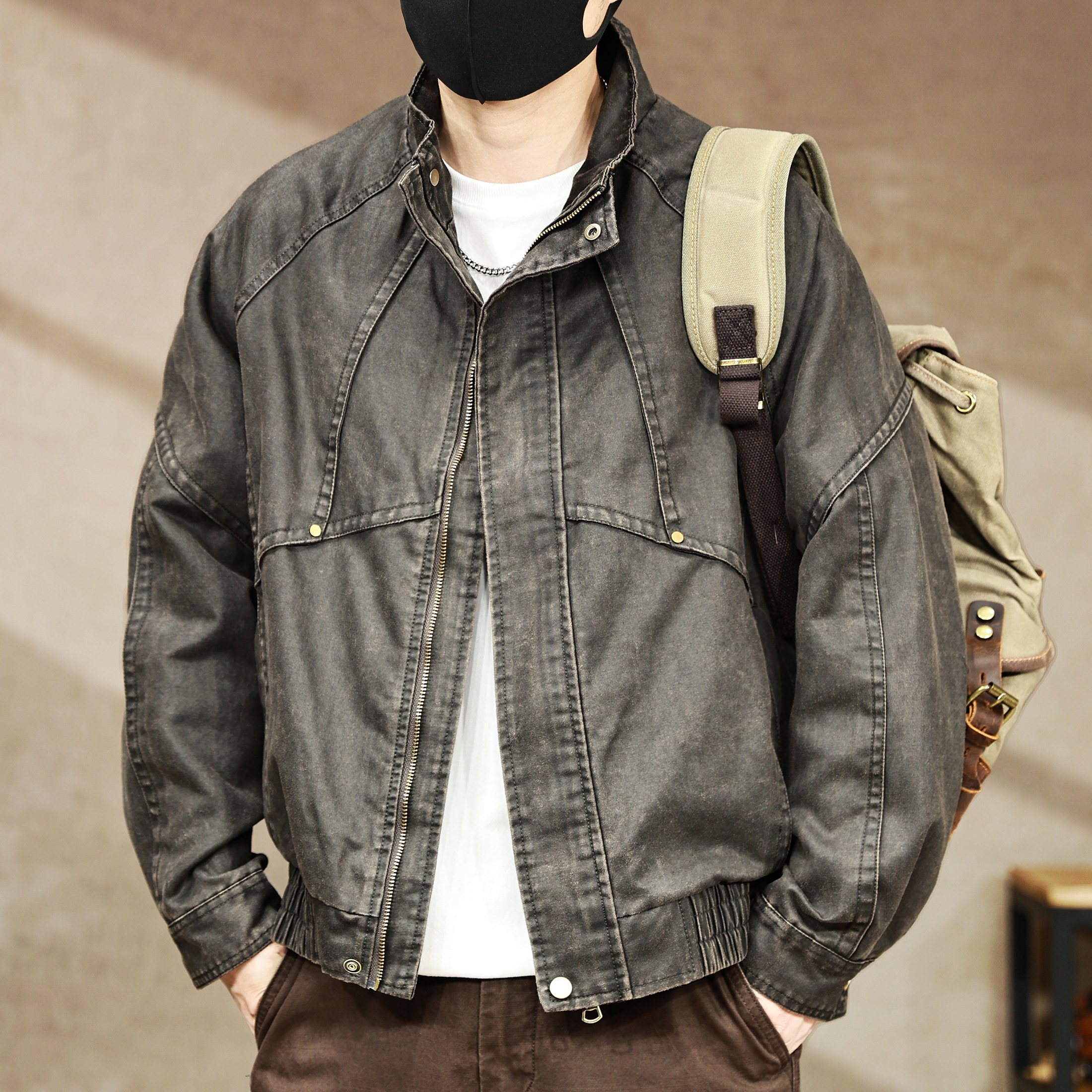 美式高端复古做旧PU皮衣男士春秋新款立领夹克痞帅机车皮外套上衣