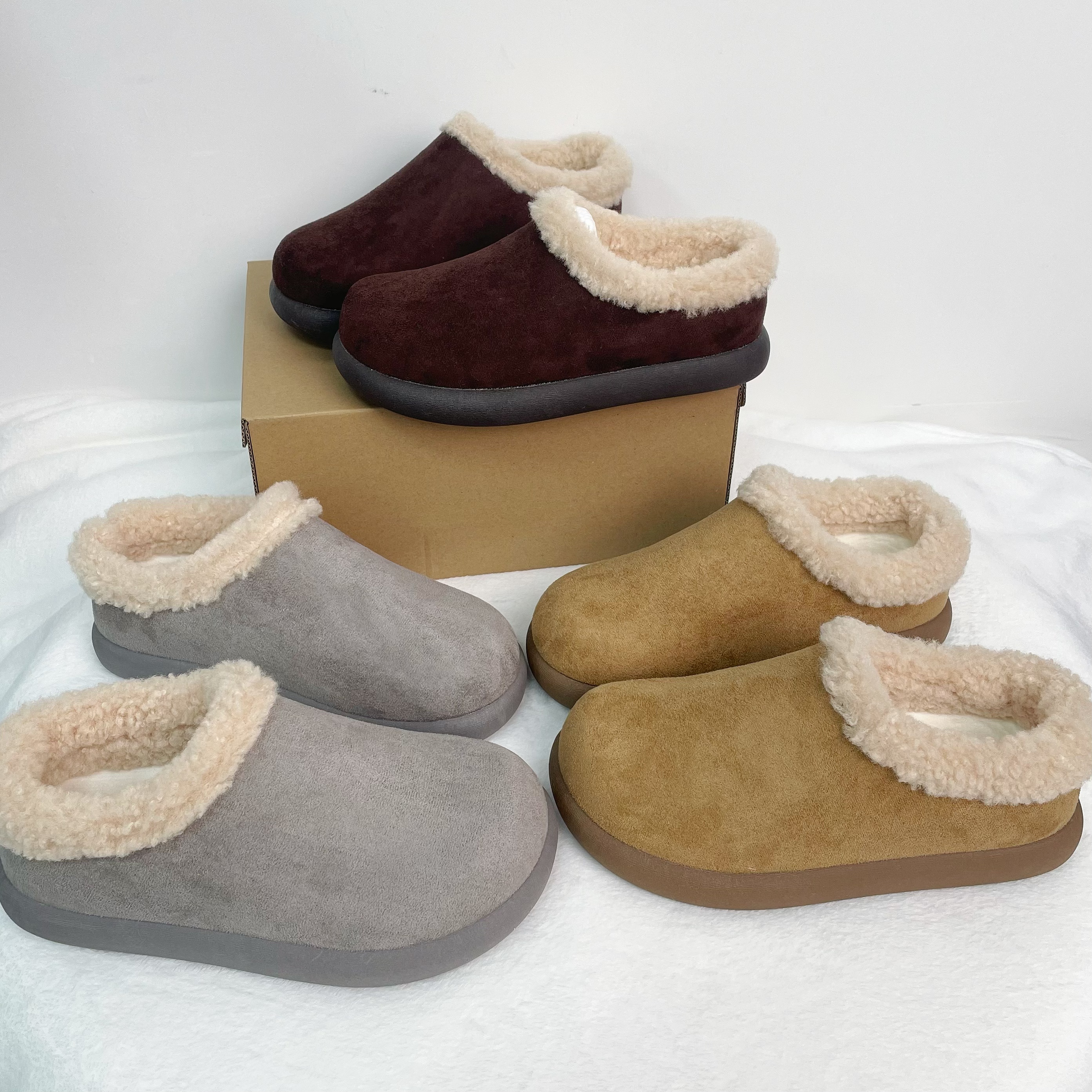 W6715加绒小土豆浅口棉靴女2025冬季新款一脚蹬厚底短筒毛毛棉鞋