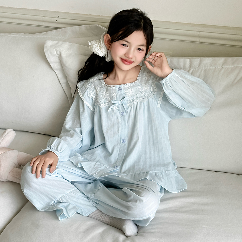 春秋季棉布长袖甜美蓝色睡衣可外穿公主风家居服套装小女孩空调服
