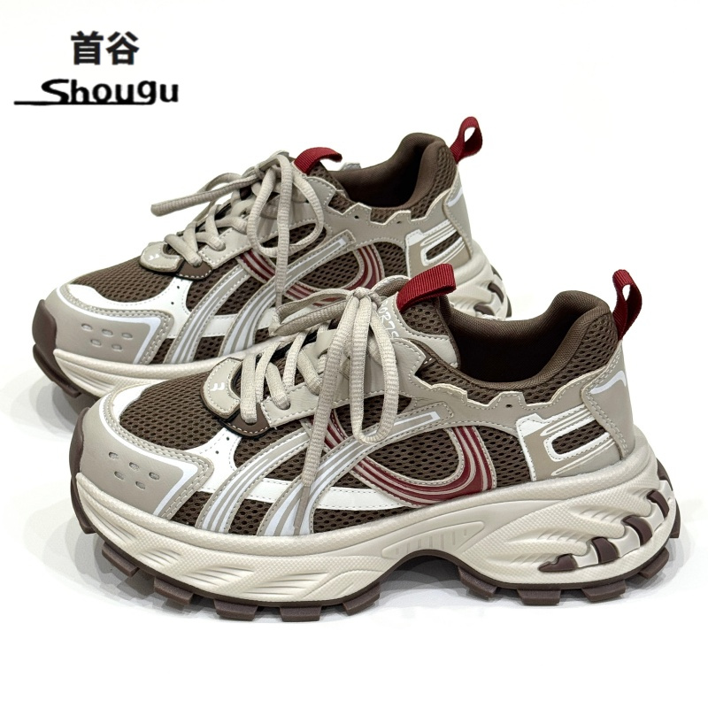 shougu/首谷休闲运动大头网面户外增高松糕小个子厚底老爹鞋女款