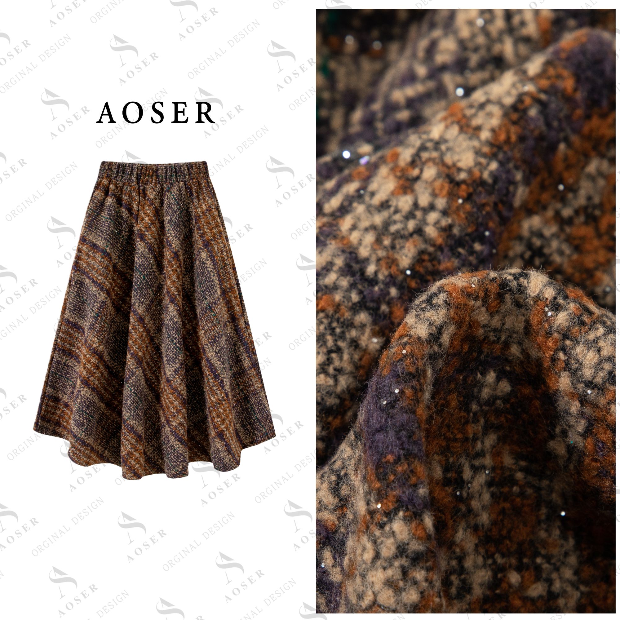 AOSER时尚宽松显瘦千鸟格小众百搭厚款半身裙秋冬日常休闲风866