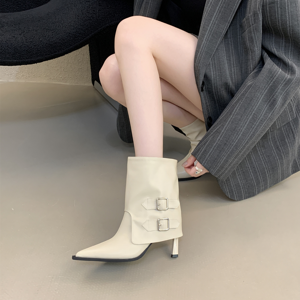 西部风尖头皮带扣骑士短靴女细跟2025秋冬新款性感高跟气质裤管靴