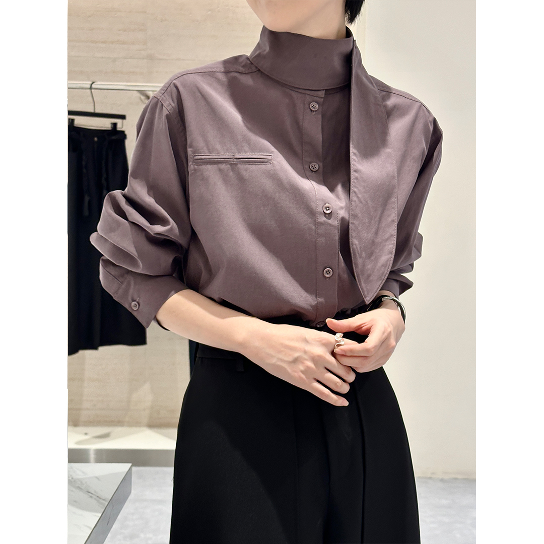 法式设计感飘带高领长袖衬衫女2025秋季新款宽松显瘦减龄百搭上衣