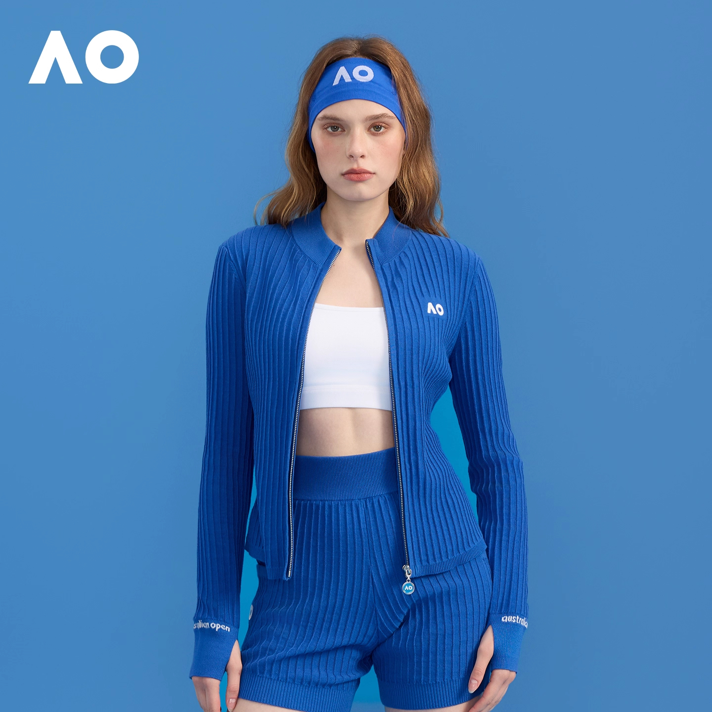 AO澳网运动服运动外套钩针竖条针织立领拉链开衫薄款2025秋装新款