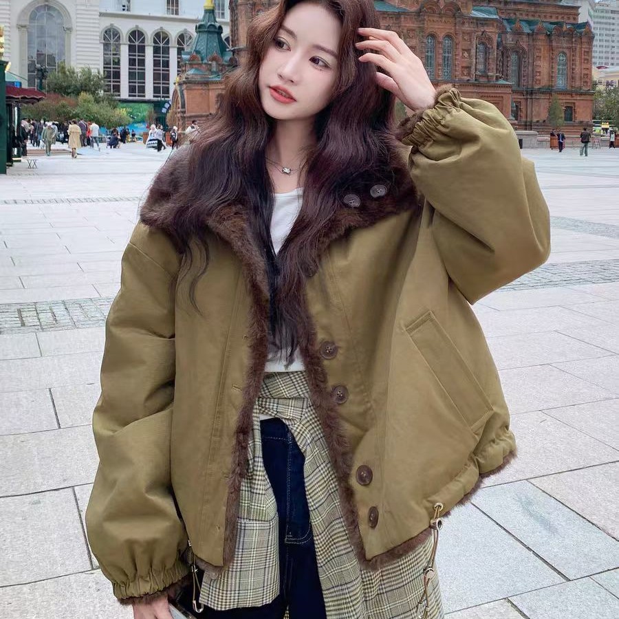 86320纯雅韩里韩气轻熟风两面穿派克服女冬设计感撞色毛茸外套