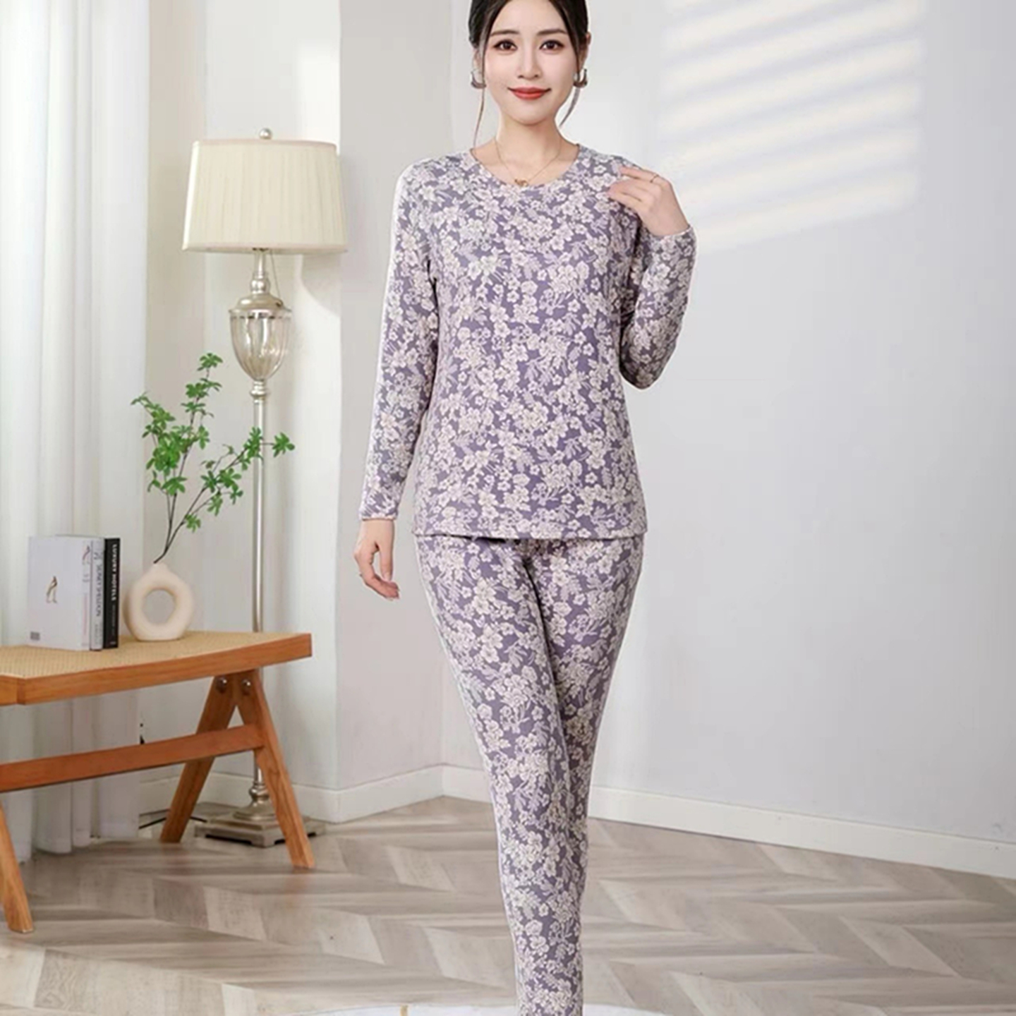 趣萌冬季保暖女中老年圆领套装大码印花洋气长袖上衣碎花德绒打底