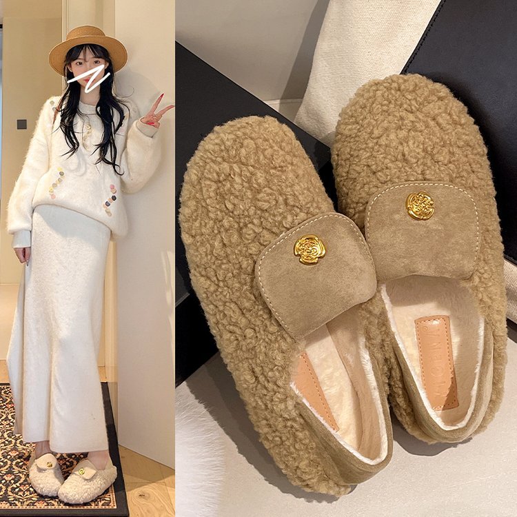 法式山茶花懒人一脚蹬毛毛鞋女秋冬季加绒乐福鞋软底豆豆鞋棉瓢鞋