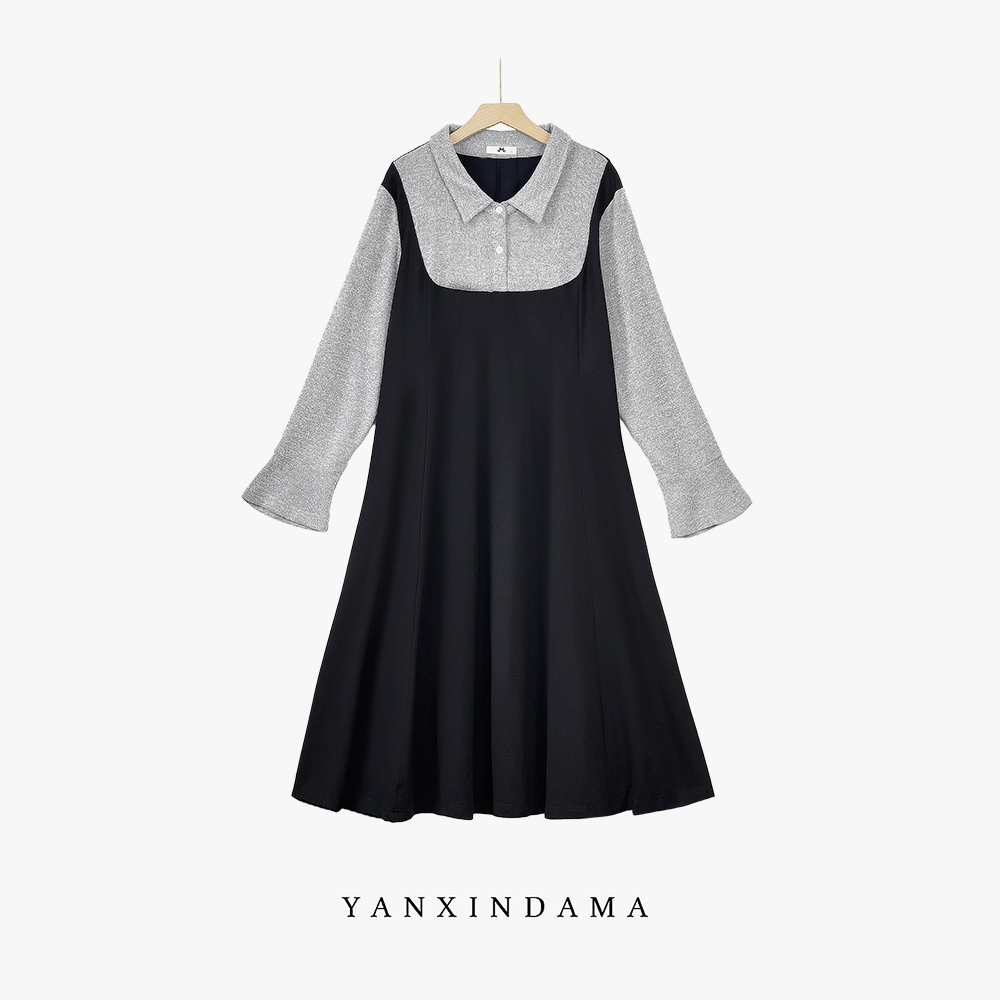 【岩心】大码女装300斤胖MM法式复古假两件针织拼接连衣裙66651