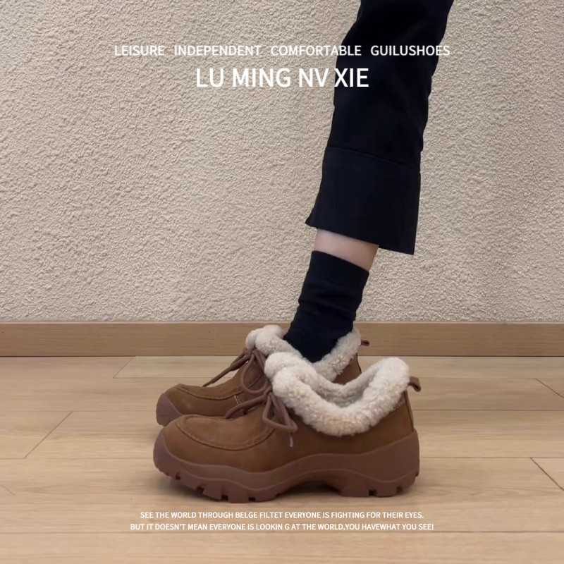 羊皮版~2025年复古风厚底系带毛毛勃肯鞋女加绒保暖舒适休闲单鞋