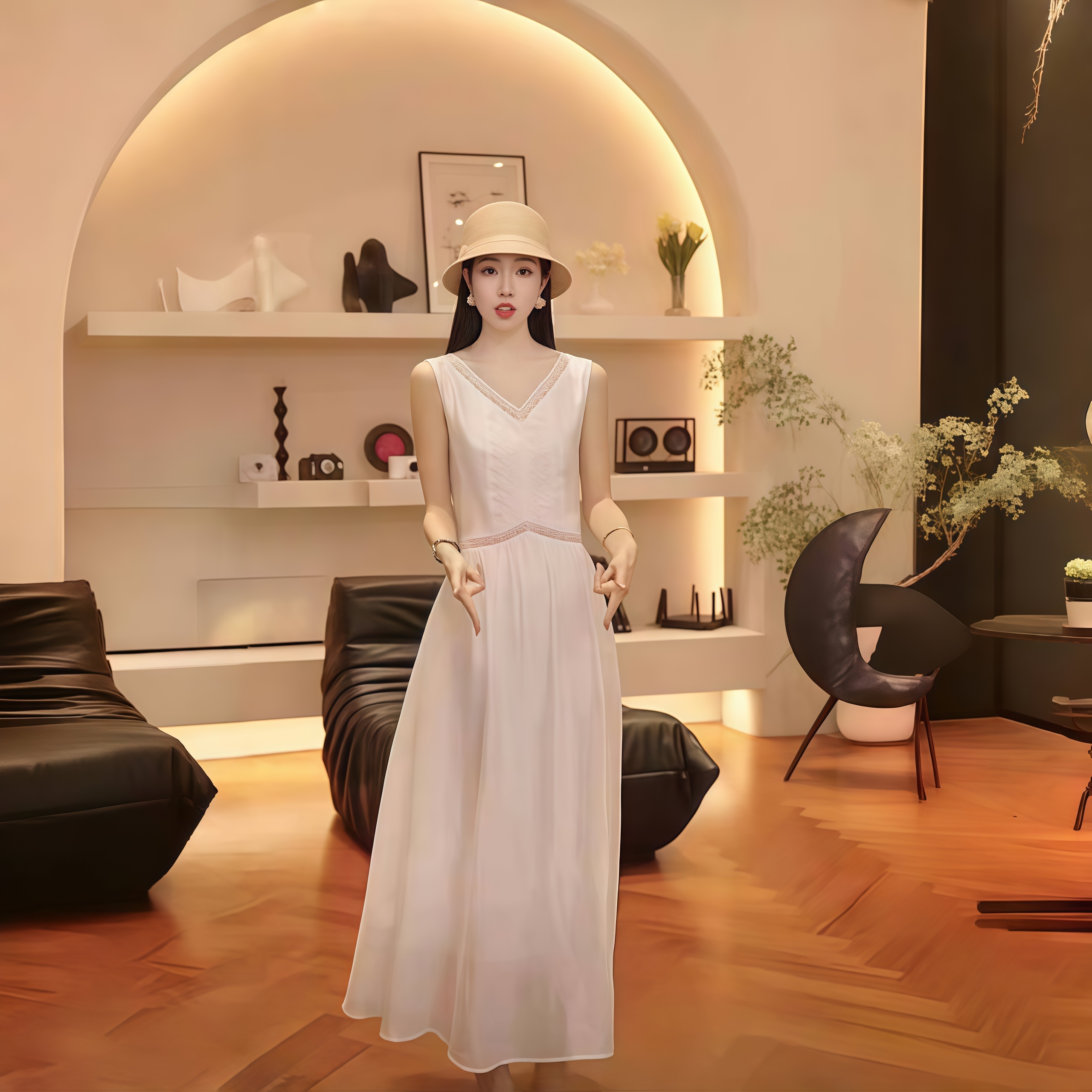 法式时尚白色v领无袖背心连衣裙女夏季新款高级感气质百搭A字裙子