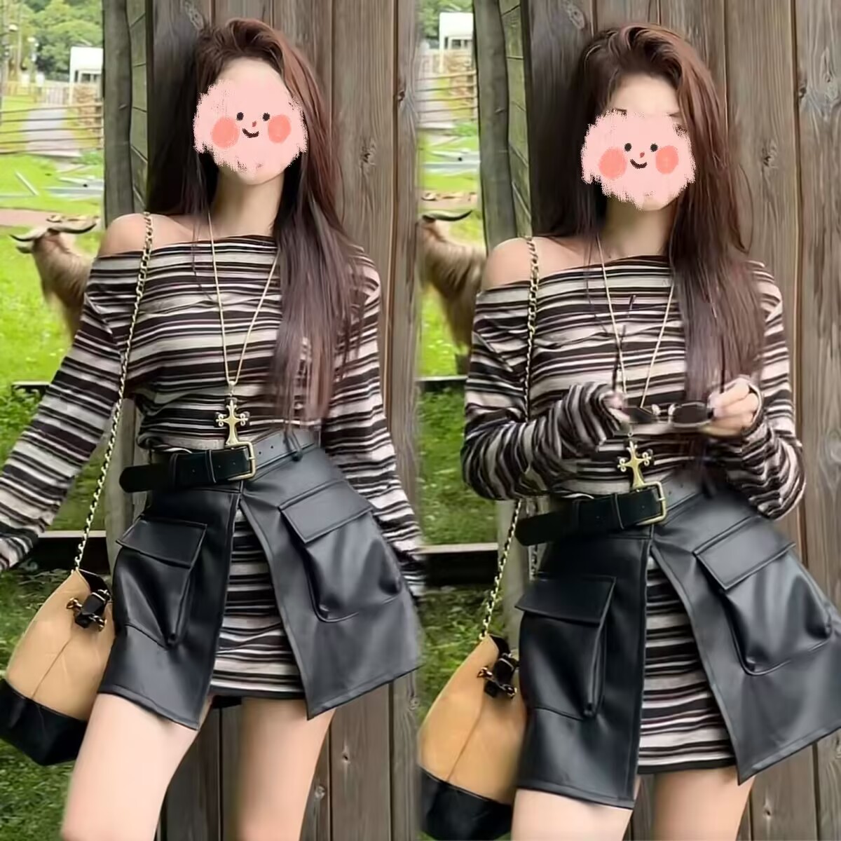 【森系漫调】2025秋季新款一字肩条纹连衣裙女+开叉皮短裙显瘦套装