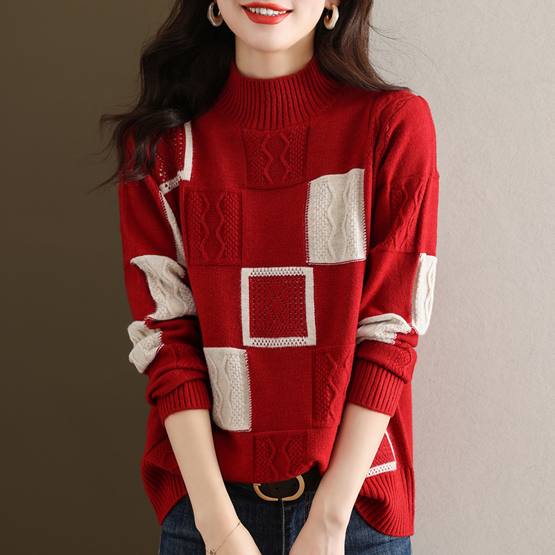 高端胖mm特大码针织毛衣女秋冬季女装红色半高领羊毛衫内搭打底衫