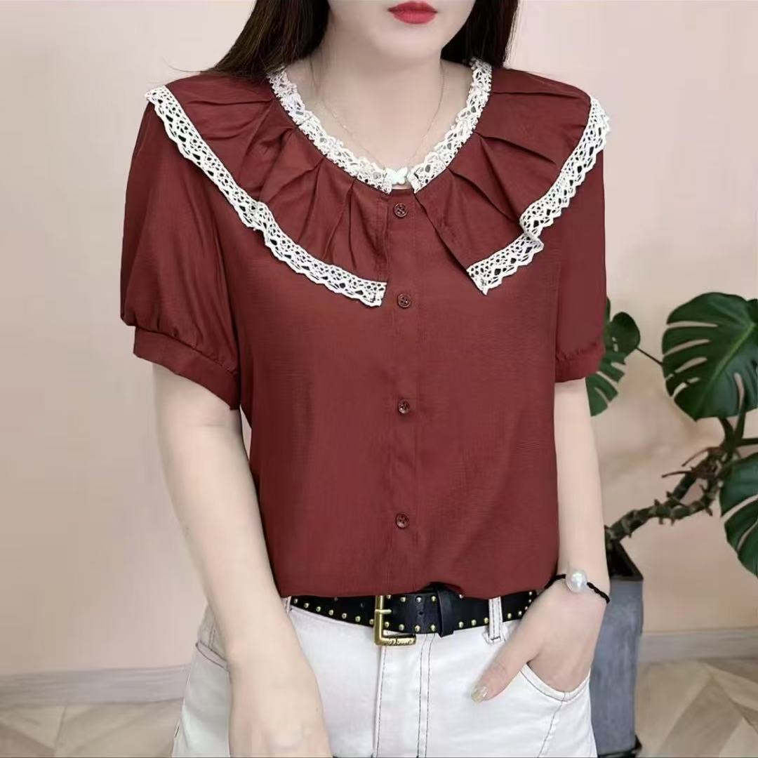 夏季衬衫新款娃娃瘦领设计减龄宽松短袖上衣显瘦百搭气质时尚