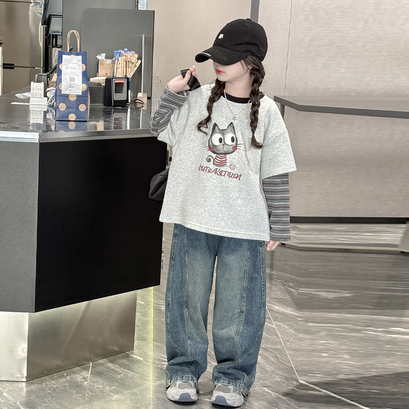 女童长袖t恤秋装2025新款儿童韩系穿搭上衣洋气女大童假两件秋装