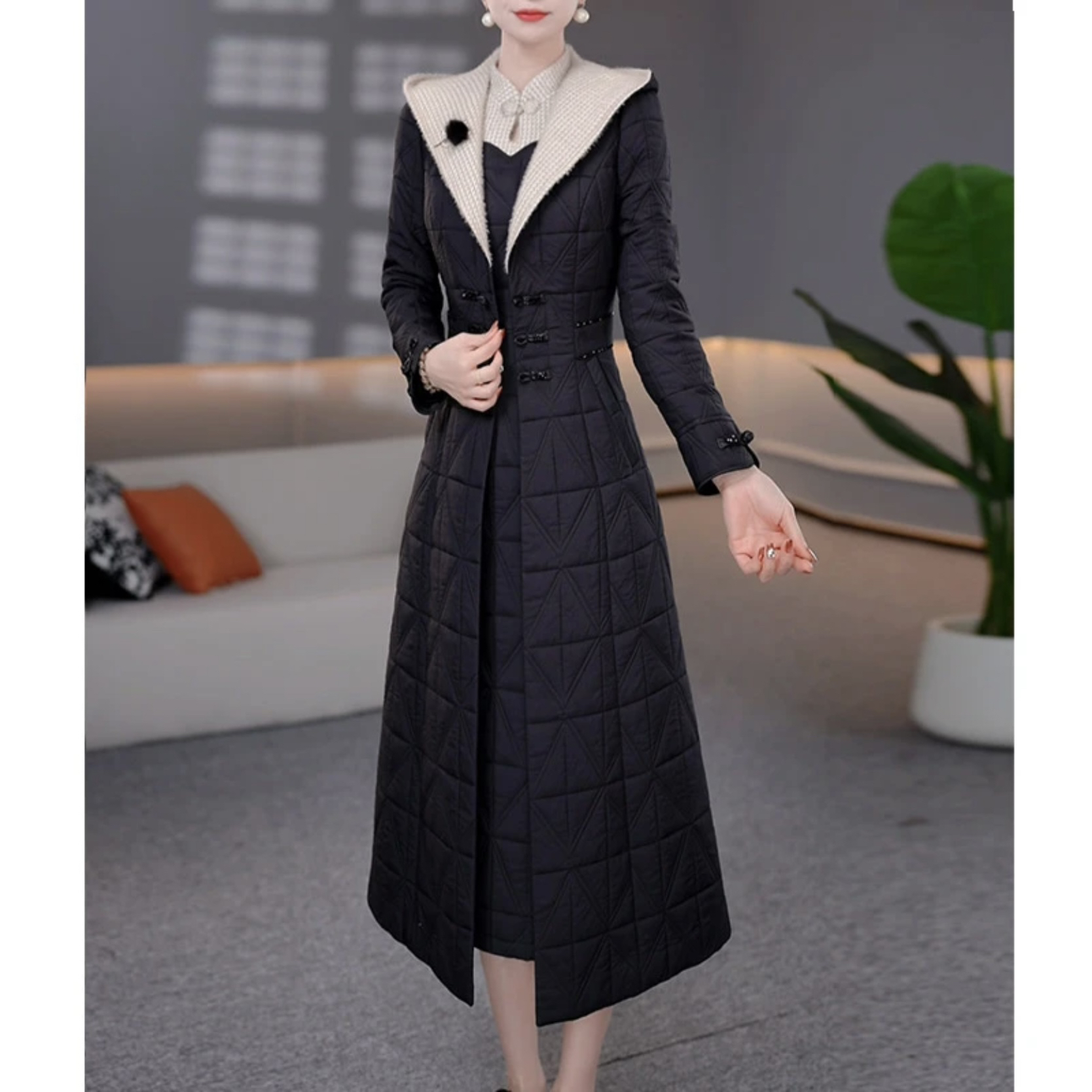 【外套+连衣裙】25B179MJ新款加厚内胆夹棉连帽大衣减龄洋气连衣裙