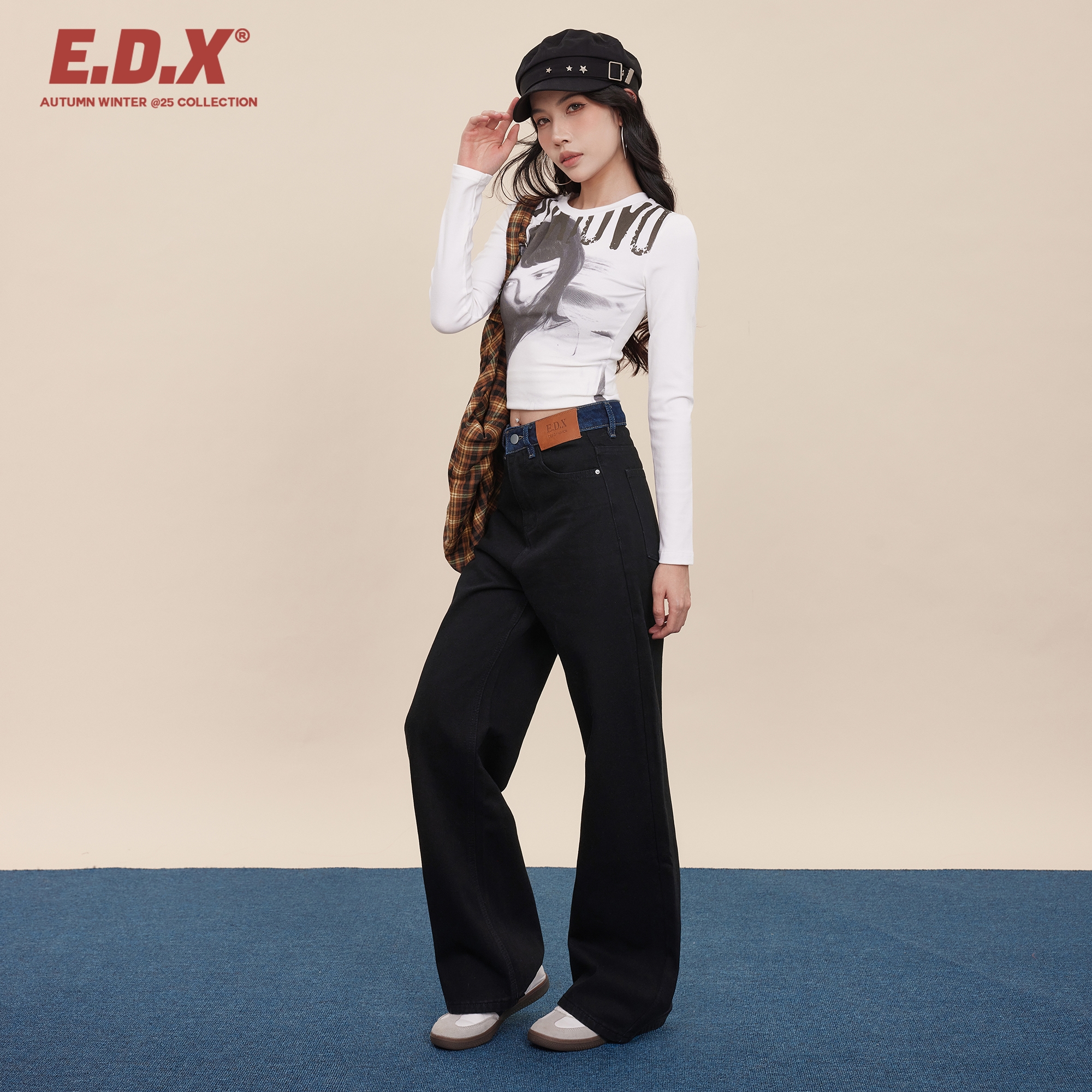 EDX黑色牛仔裤女2025早秋新款美式腰头拼接宽松休闲裤拖地阔腿裤