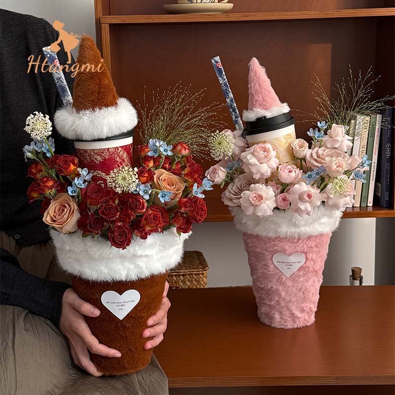 【汉唐美】秋冬毛绒奶茶啵啵杯鲜花包花神器手工diy送女友包装材料