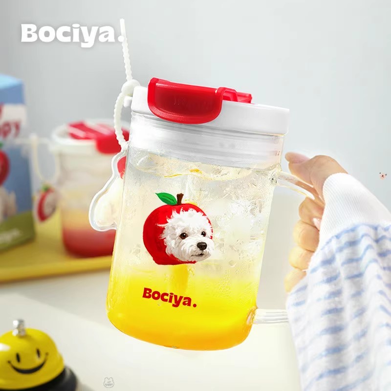 bociya玻璃杯女生高颜值夏季2025新款水杯办公室带把手吸管杯子