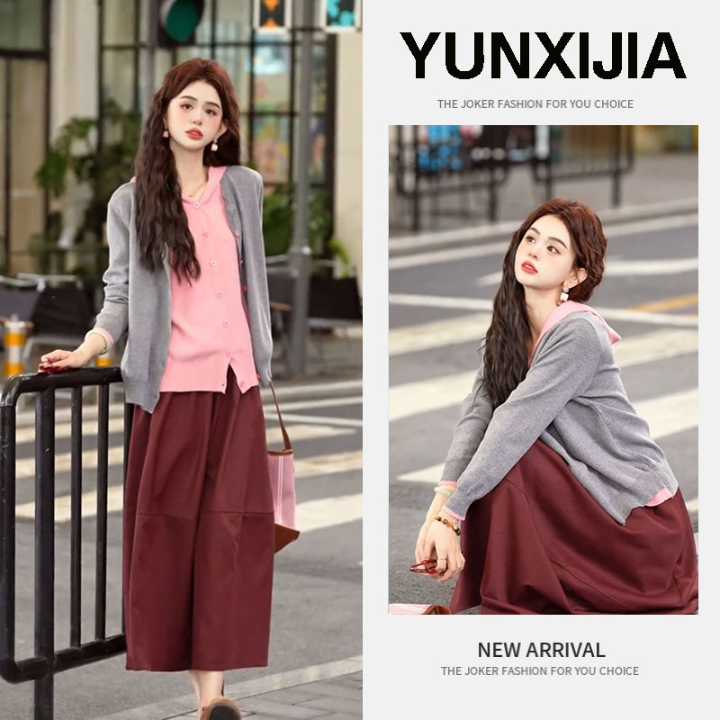 2025早秋一整套时尚洋气港风宽松气质假两件开衫裤子两件套