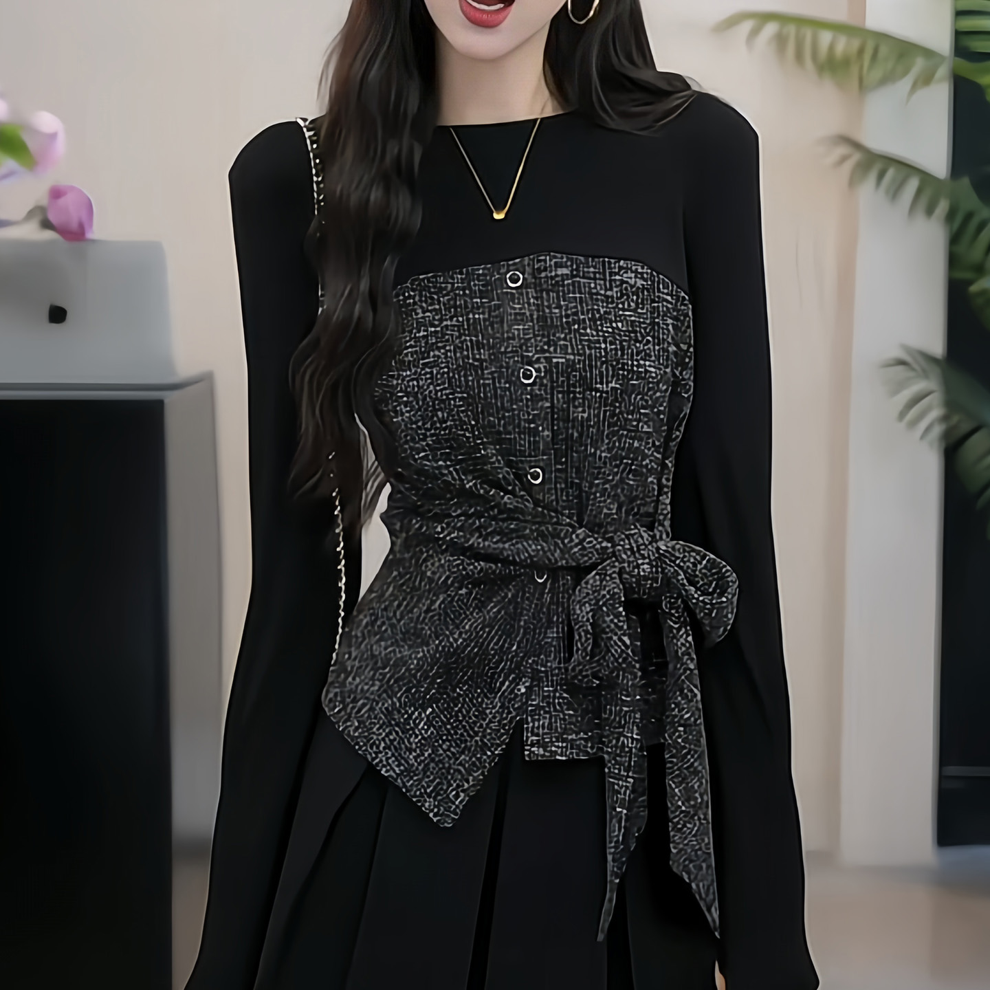 法式千金风收腰绑带长袖T恤女2025秋季新款时尚百搭休闲显瘦上衣