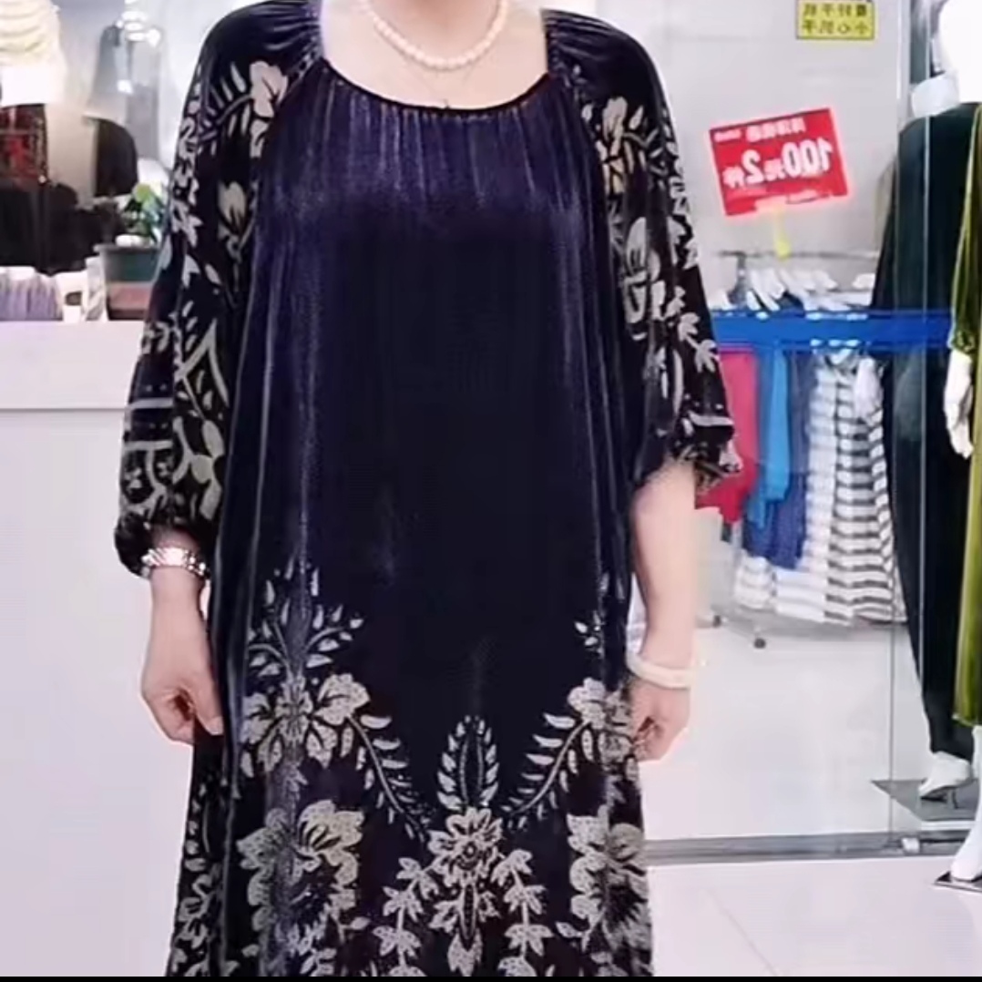 时尚民族风真丝丝绒长袖长款轻奢百搭遮肚连衣裙