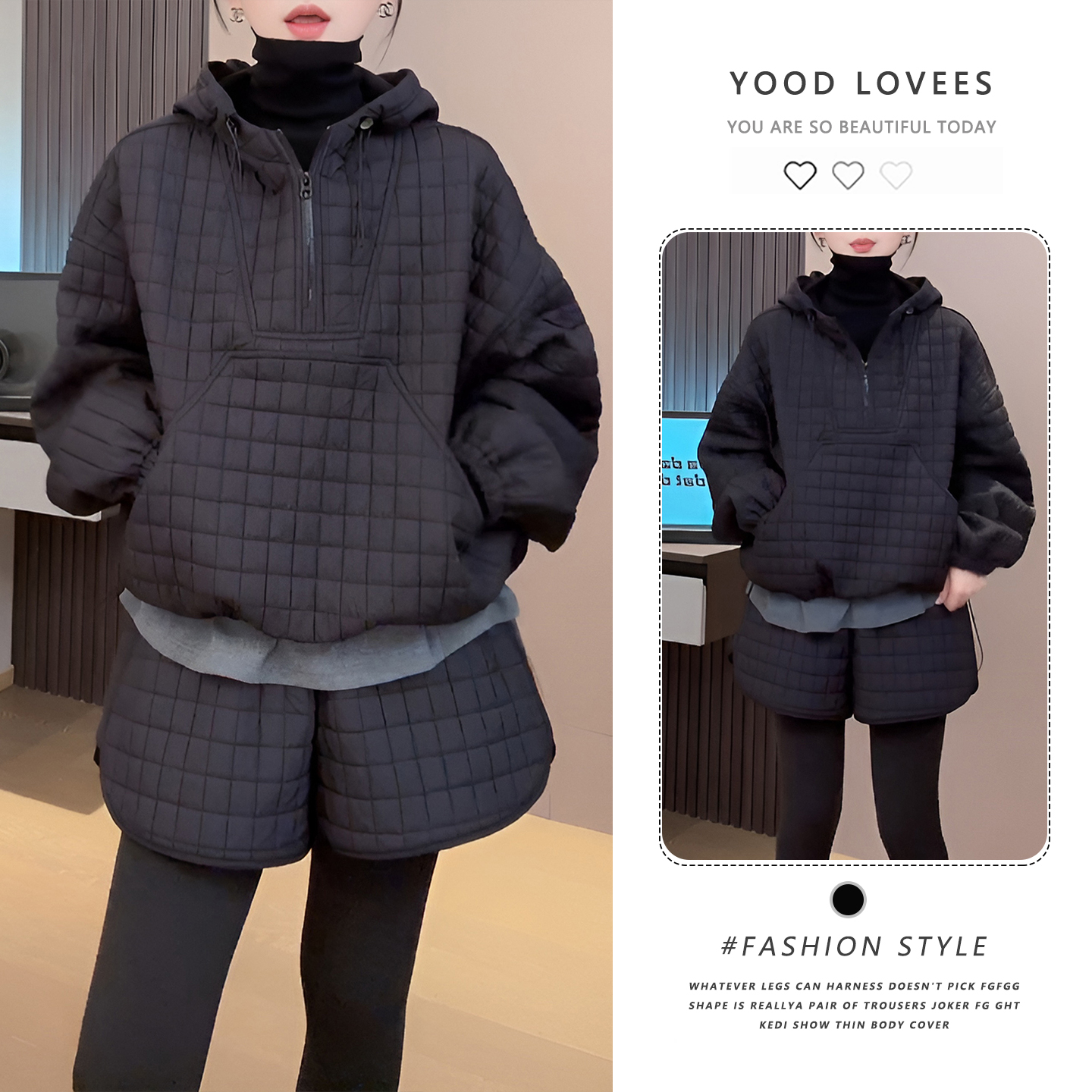 气质两件套女冬季新款韩版复古显瘦华夫格卫衣棉服短裤时尚套装