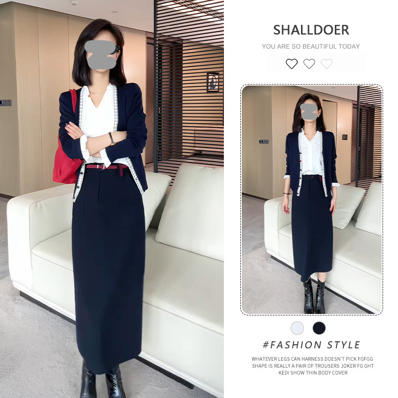 网红洋气炸街套装女2026春秋新款假两件撞色长袖开衫半身裙两件套