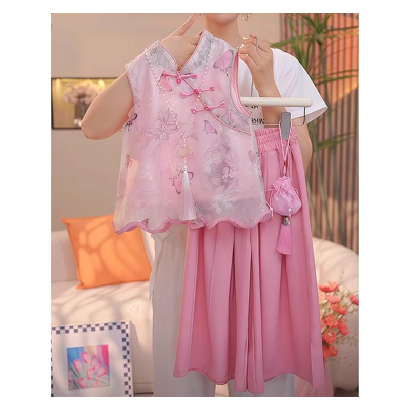 现货女童套装夏季2025新款儿童洋气国风夏装新中式唐装汉服阔腿裤