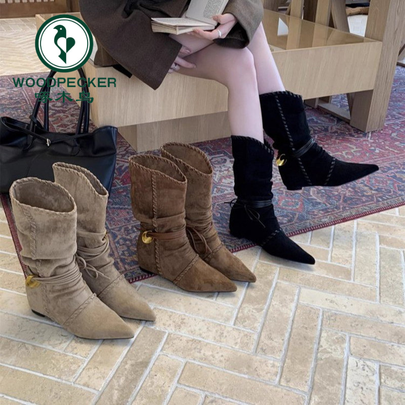 啄木鸟内增高尖头绒面瘦瘦中筒骑士靴女靴2025秋冬季西部堆堆长靴
