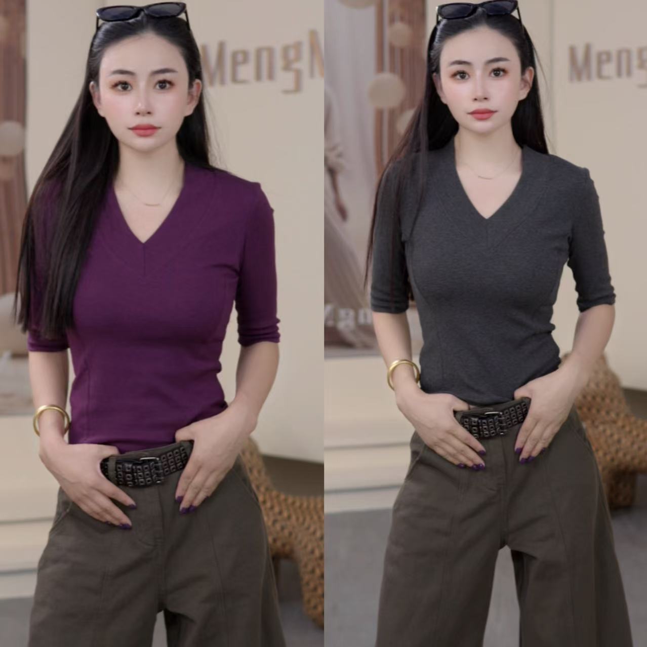 2025早秋新款美式辣妹V领中袖T恤女设计款修身显瘦洋气百搭9966#