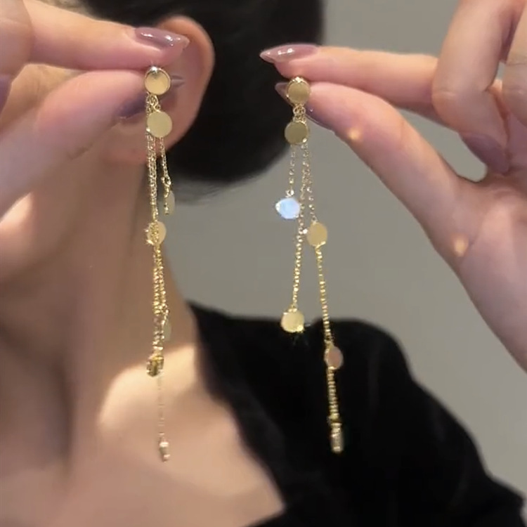 铜合金耳饰 金属圆片长款亮片流苏耳环耳钉女气质简约