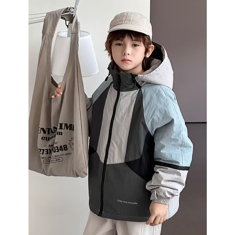 儿童秋冬舒适建棉连帽棉服外套中大童拼接保暖防风棉衣  25610
