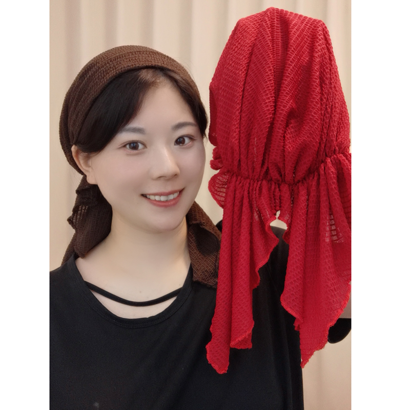 薄款网格飘带帽子女纯色洋气透气包头帽中国风防尘帽子柔软亲肤