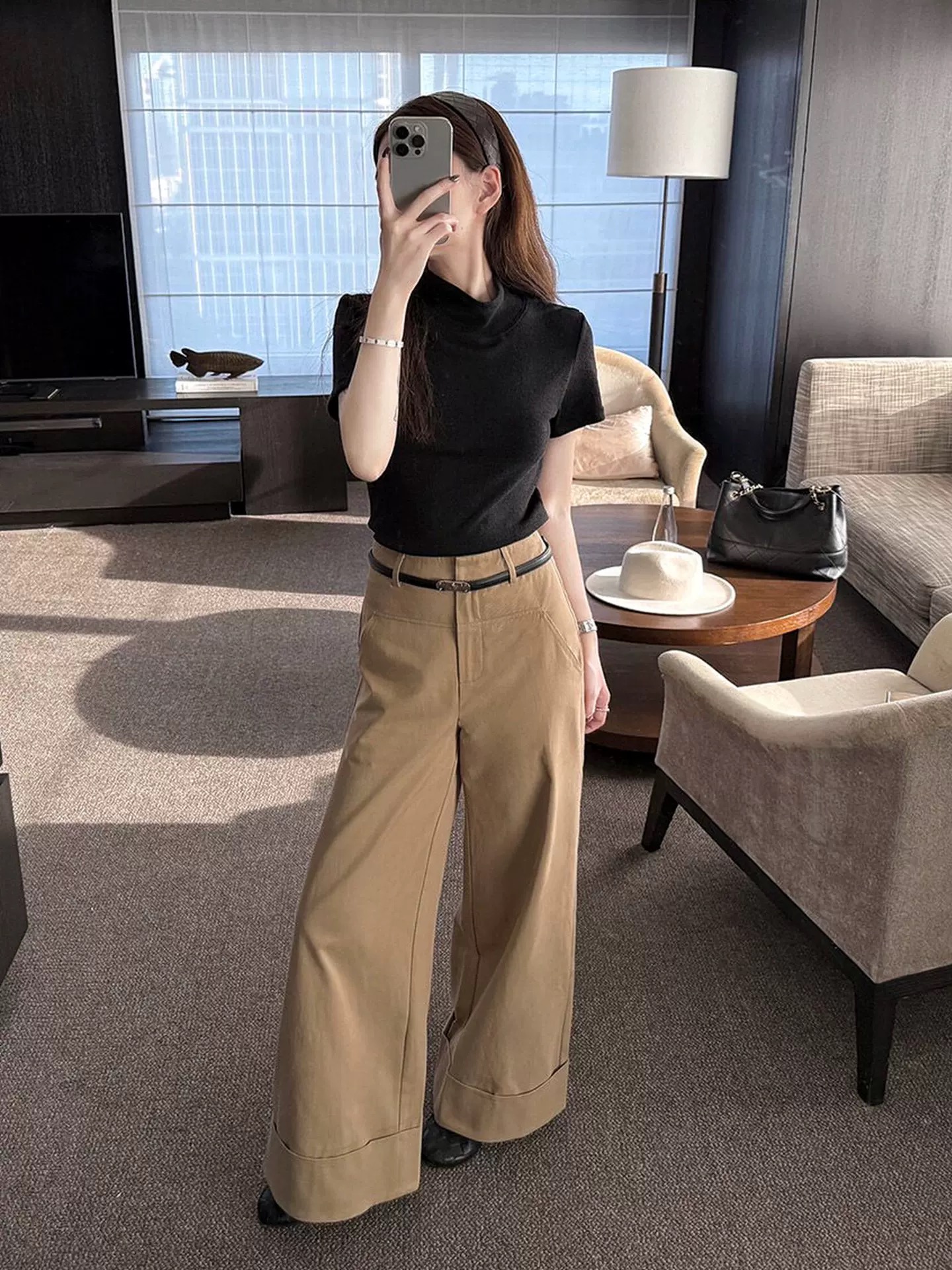 秋季新款带腰带翻边窄版直筒长裤高腰卡其色工装阔腿裤AM26000