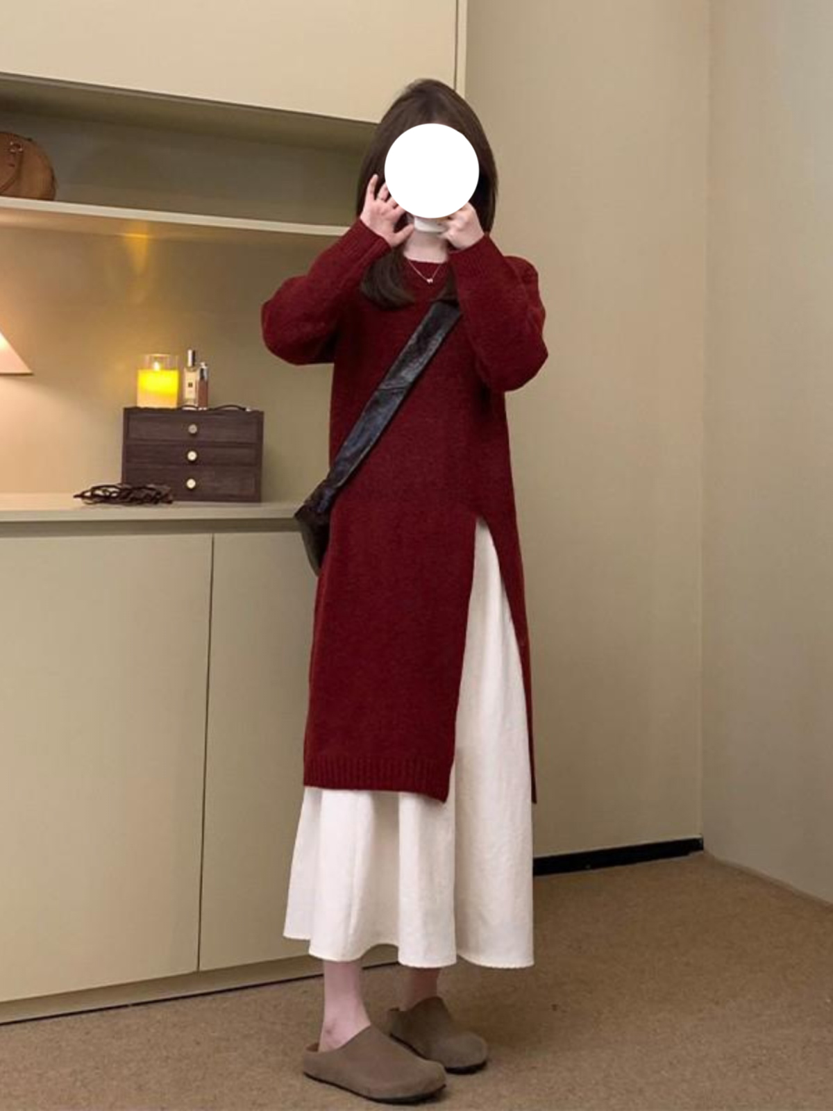 简约时尚开叉红色独特别致连衣裙女秋冬新款法式高级气质漂亮裙子