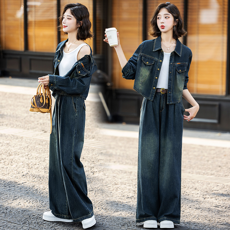 休闲风牛仔套装法式2025两件套装春秋复古阔腿裤女装时尚高腰