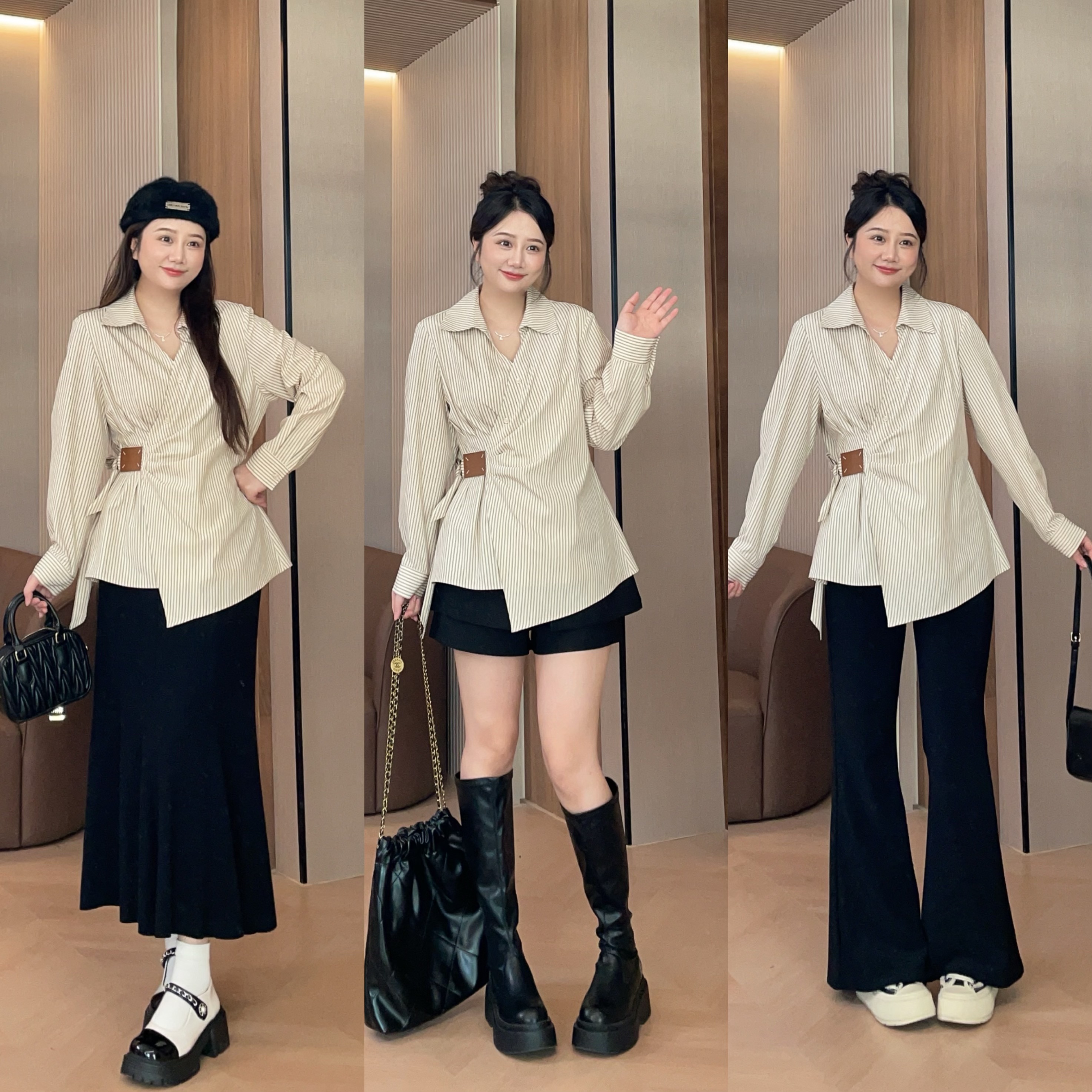 大萌萌【现货】设计条纹收腰衬衫加绒微喇裤秋冬微胖显瘦P225C16727