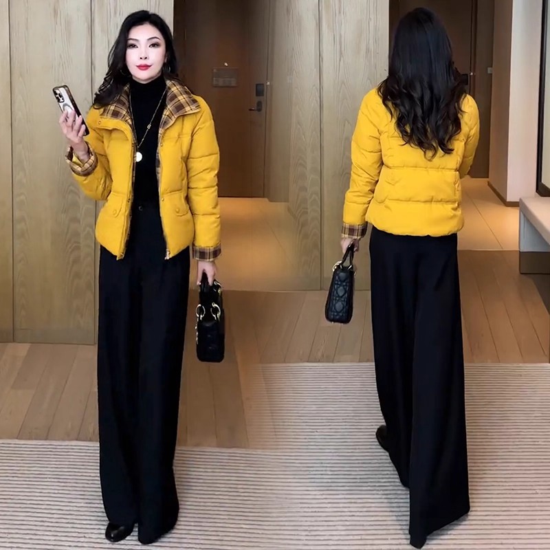 时尚短款羽绒棉服女2025冬季新款洋气显瘦格子拼接保暖棉袄外套潮