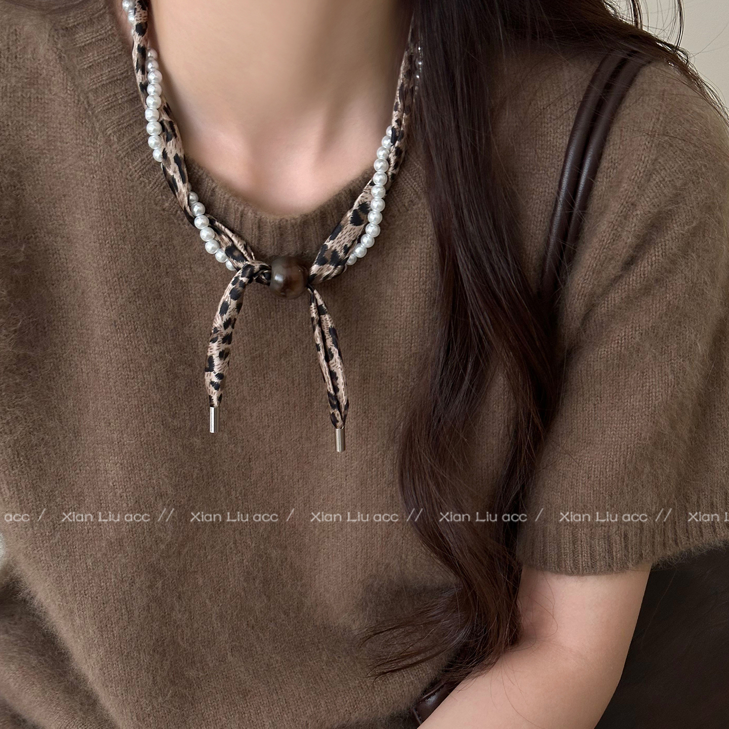 铜布艺项链 美拉德豹纹缠绕珠珠丝巾项链女小众设计感毛衣链配饰