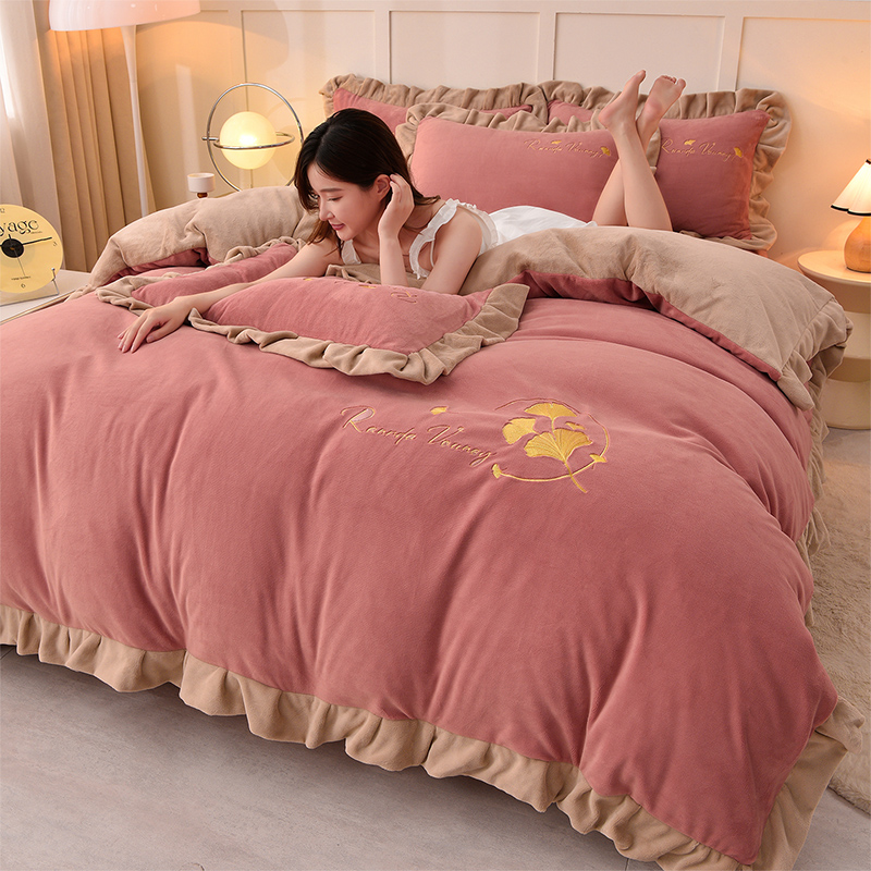 高端刺绣牛奶绒四件套冬季加厚保暖绒双面加绒床上用品防静电