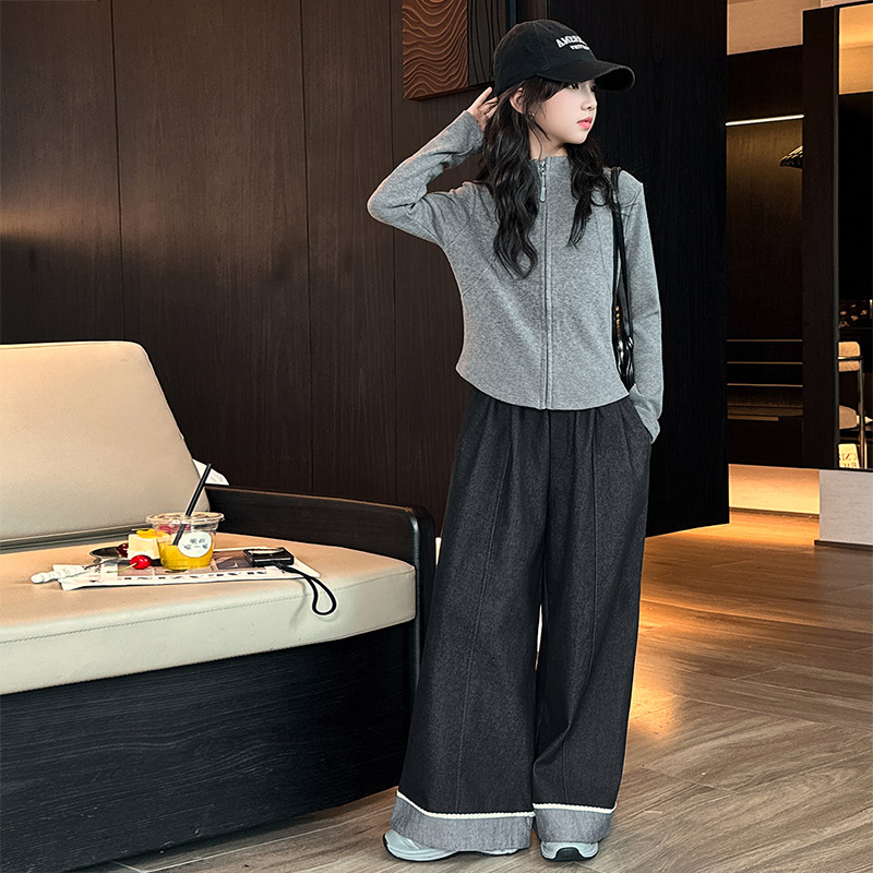 女童秋款套装2025秋季新款洋气休闲拉链外套阔腿裤两件套女孩秋装