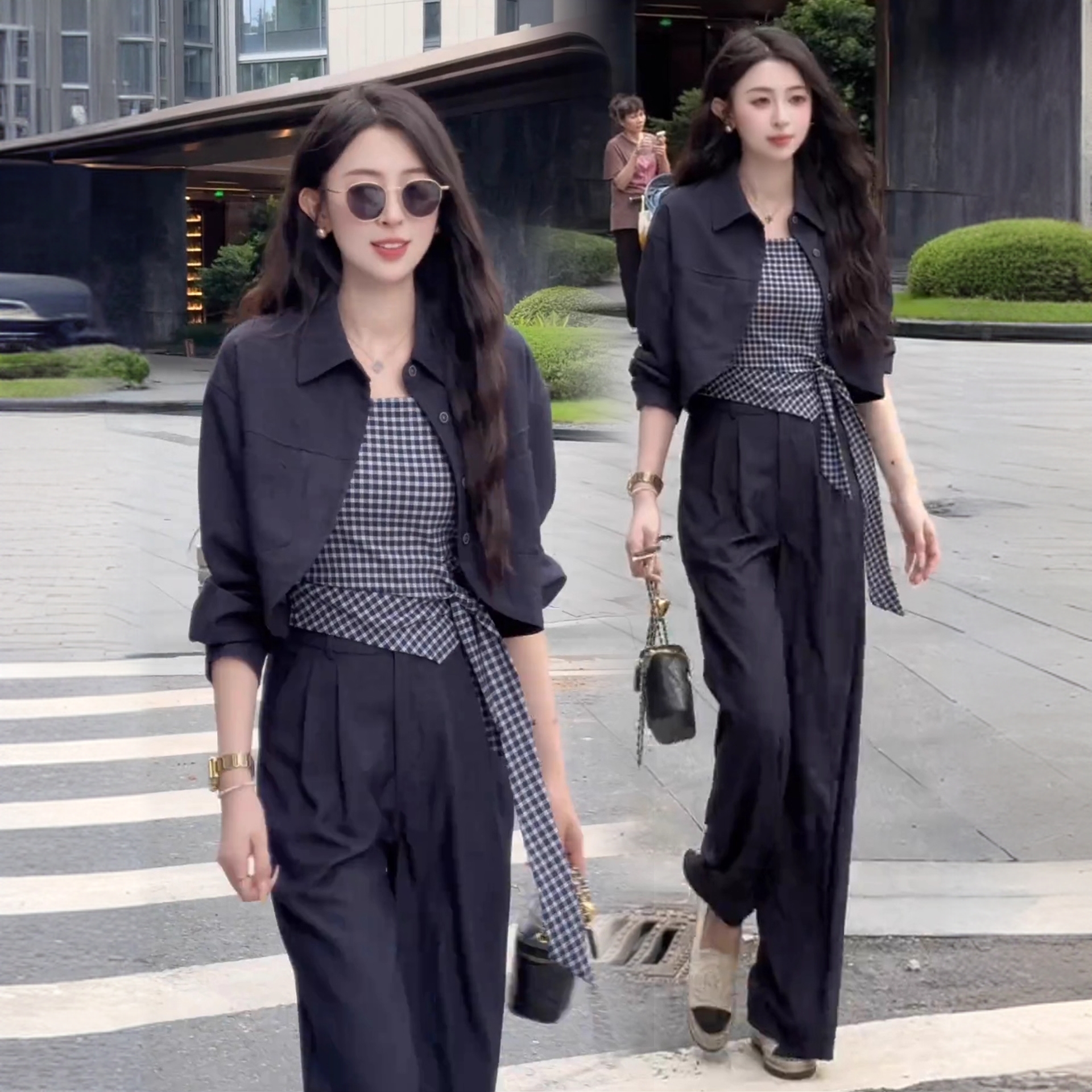 韩系早秋穿搭套装时尚洋气减龄牛仔短款外套格子吊带阔腿裤三件套