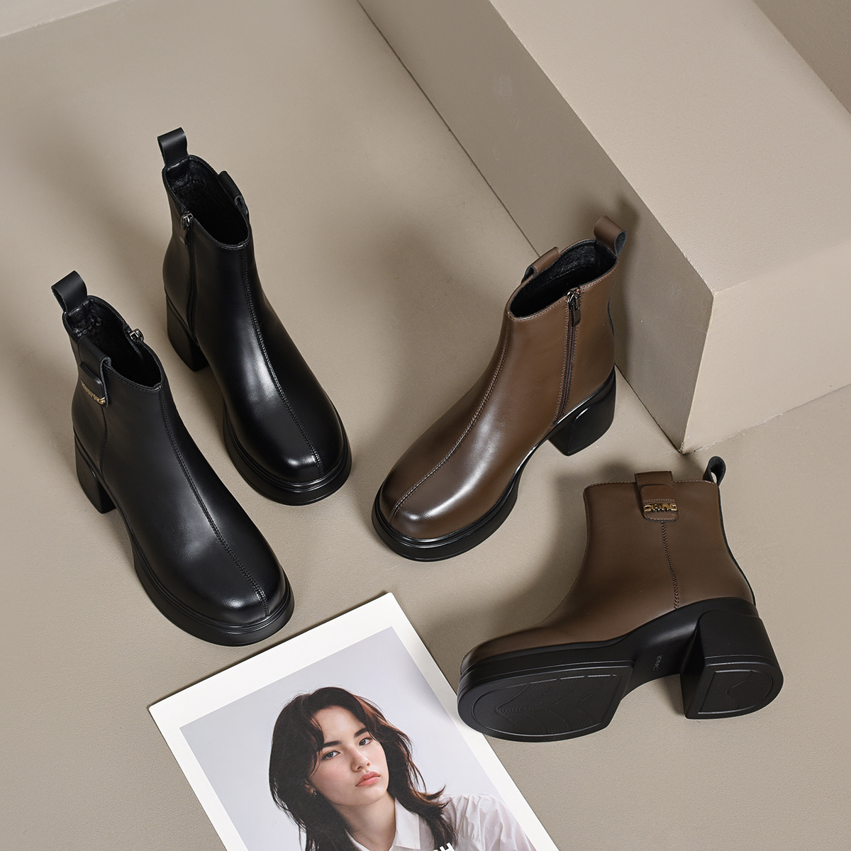 xizi/昔子1213短靴女粗跟增高秋冬靴子百搭防滑时尚防水拉链厚底