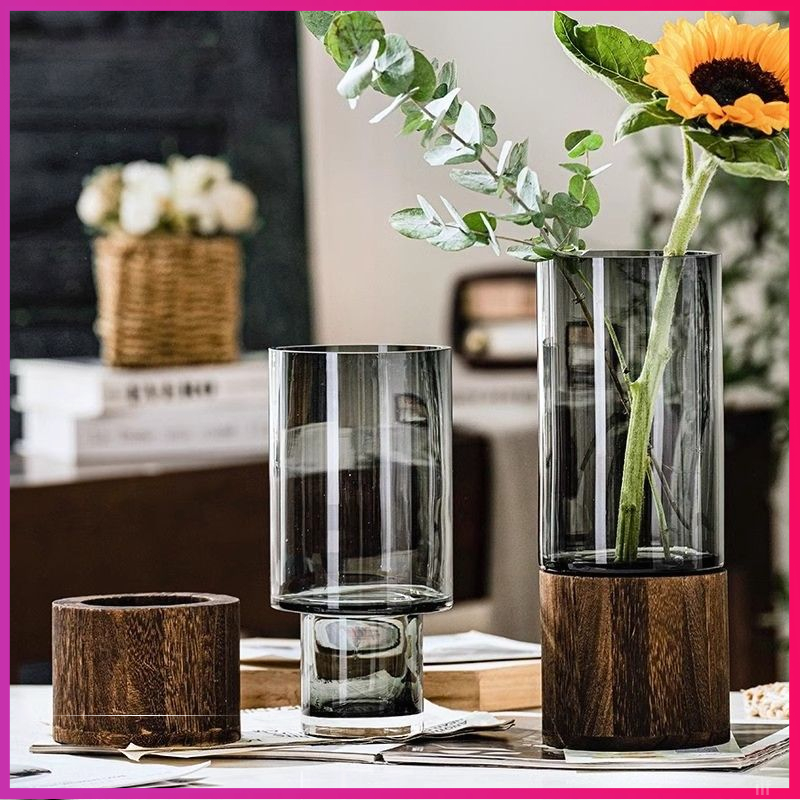 玻璃花瓶ins风木托轻奢透明水养鲜花客厅插花桌面中式装饰摆件