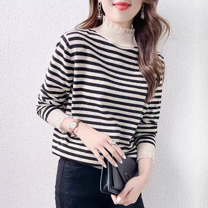 2117蕾丝领显瘦针织打底上衣打底衫内搭长袖修身