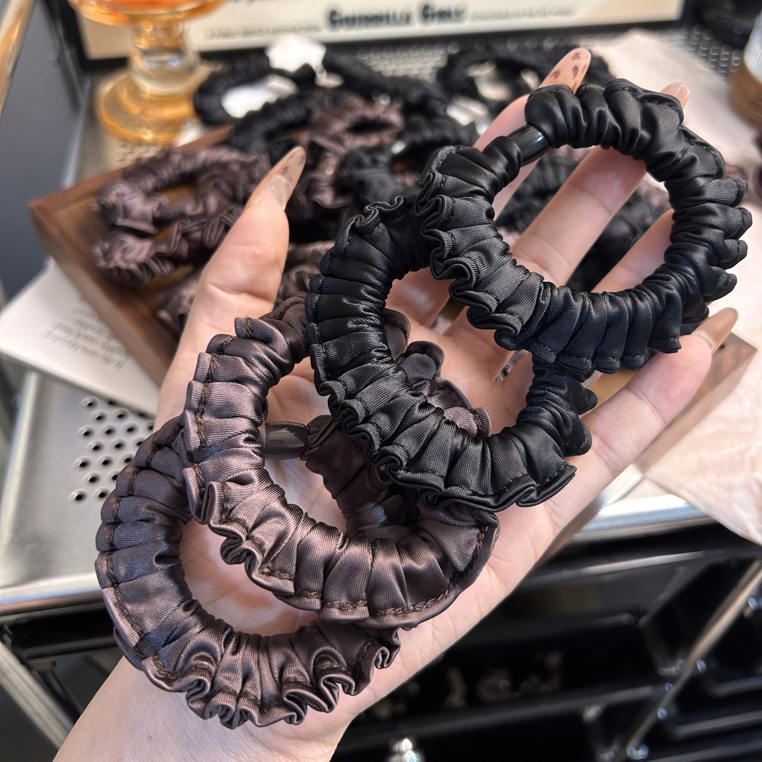 韩系高级感缎面木耳边小肠发圈法式简约黑色低丸子头发绳发饰头饰