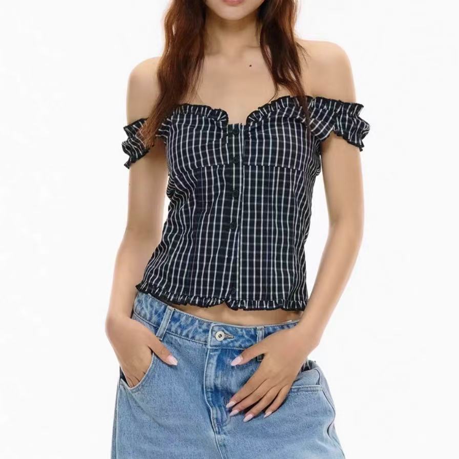夏季新款百搭美式复古格纹一字肩两穿露肩衬衫背心性感女上衣