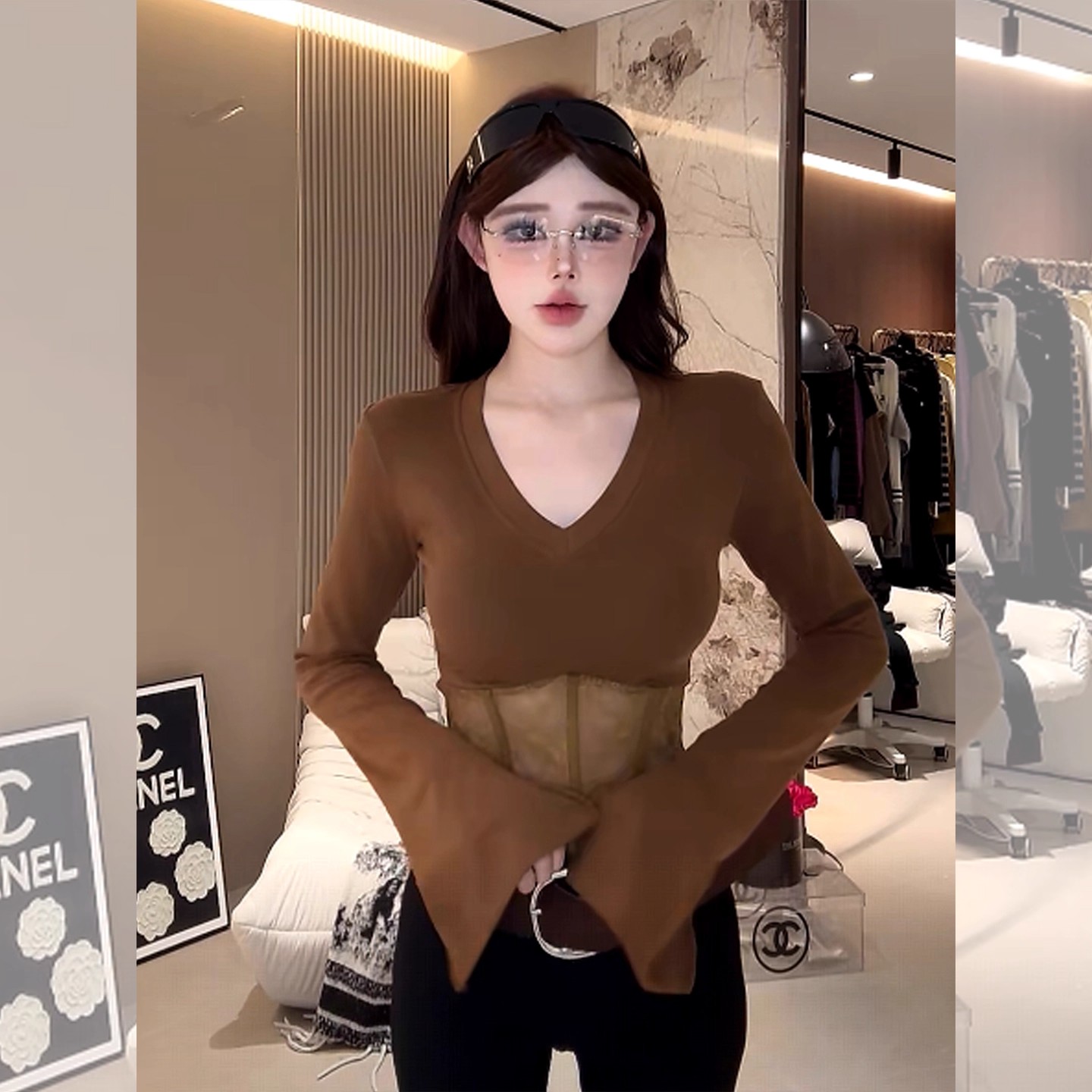 纯欲风V领鱼骨蕾丝打底衫女秋冬新款巨好看收腰显瘦内搭长袖上衣