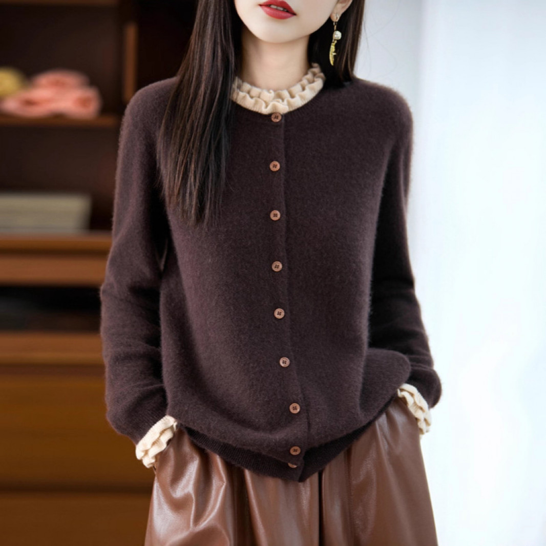 正品撤柜羊毛衫木耳花边针织开衫秋冬新款洋气减龄外套上衣