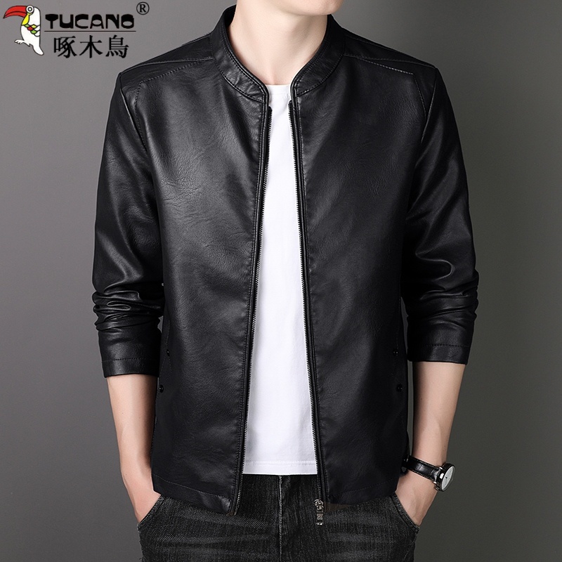 啄木鸟秋冬新款皮衣男士商务休闲立领皮夹克加绒加厚机车服外套潮